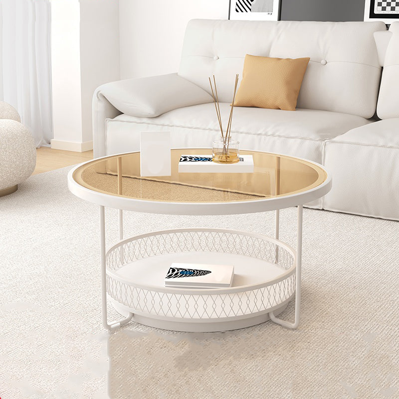 Iron 4 Legs Cocktail Table Round Glass Top Coffee Table with Shelf