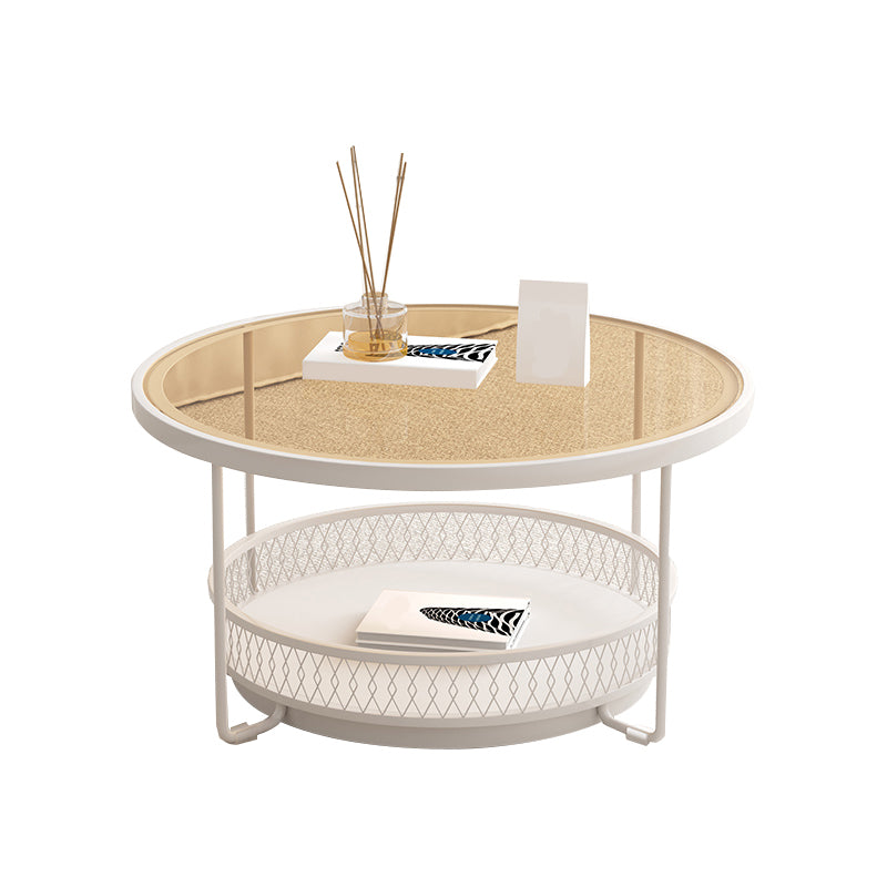 Iron 4 Legs Cocktail Table Round Glass Top Coffee Table with Shelf