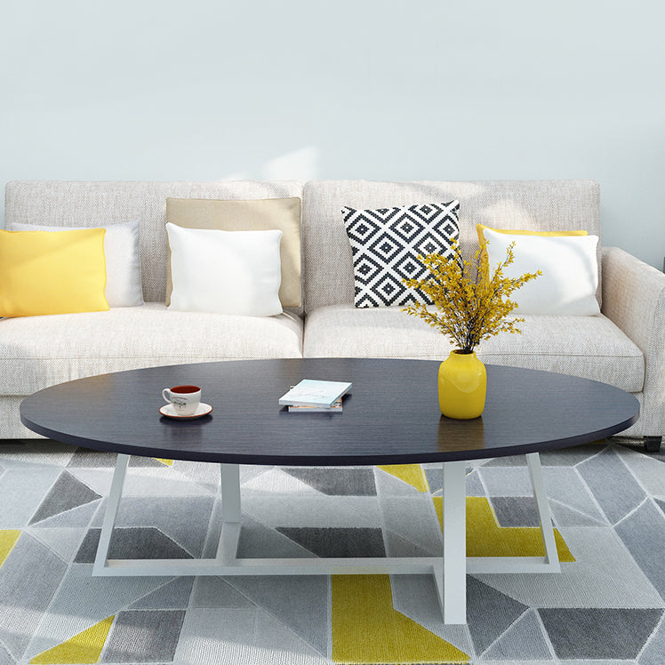 Metal Cross Legs Cocktail Table Wooden Oval Top Coffee Table