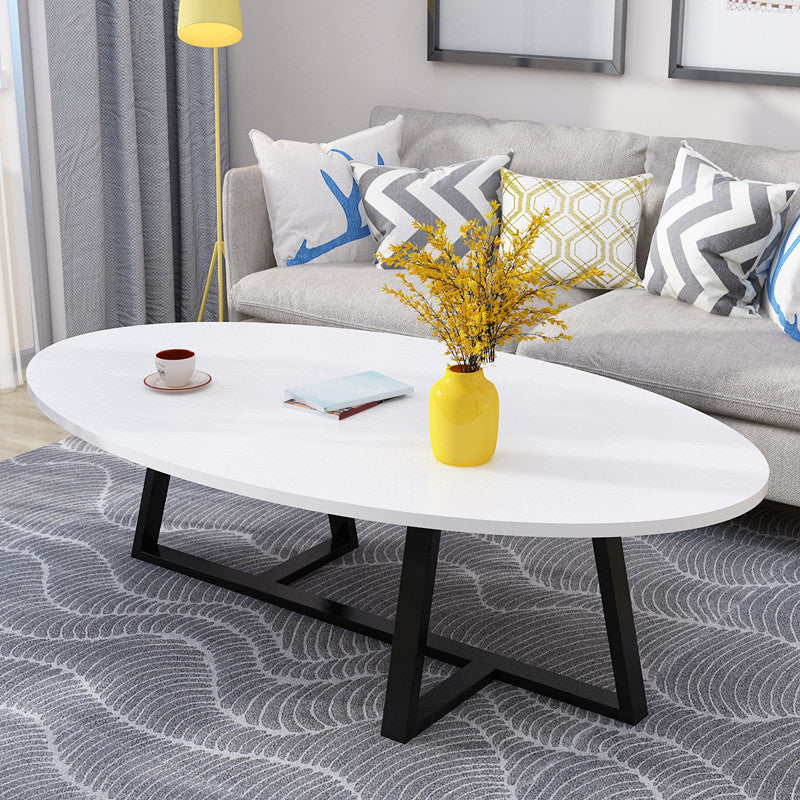 Metal Cross Legs Cocktail Table Wooden Oval Top Coffee Table