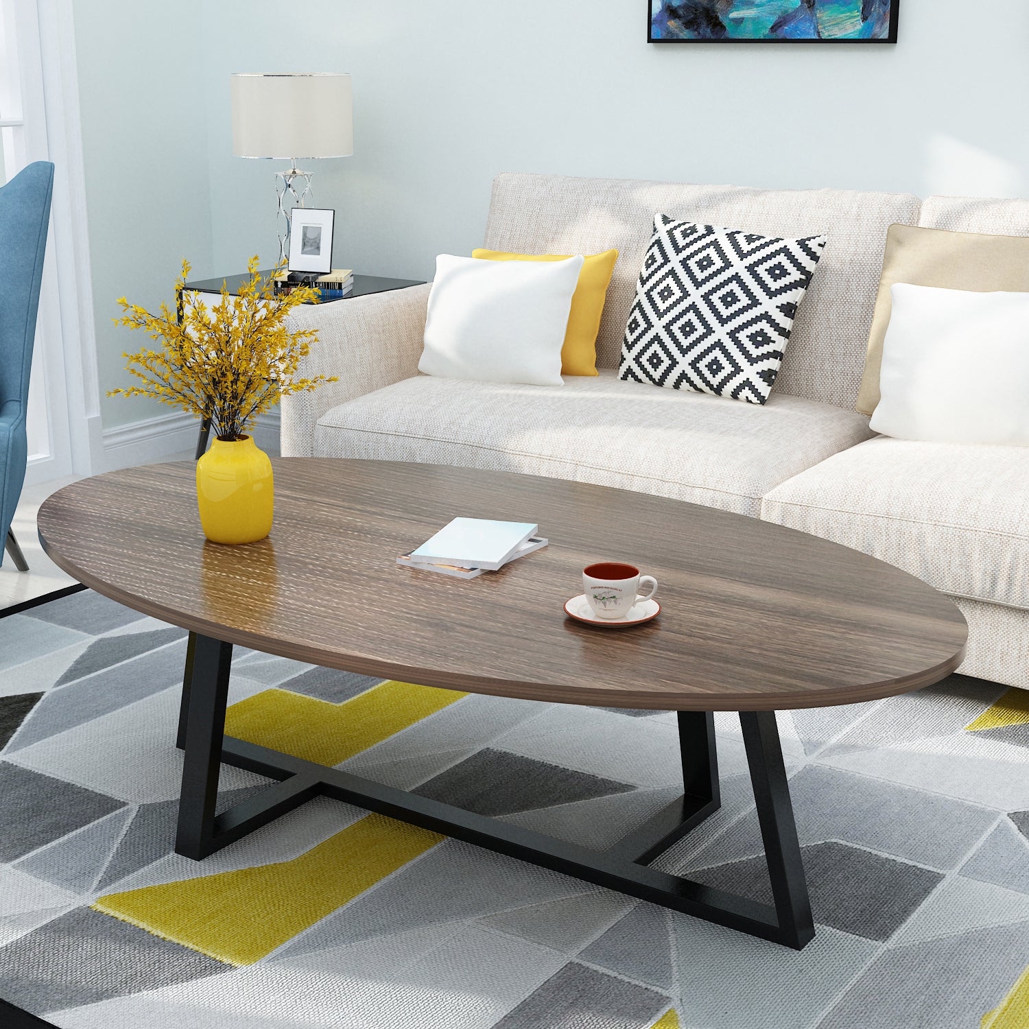 Metal Cross Legs Cocktail Table Wooden Oval Top Coffee Table