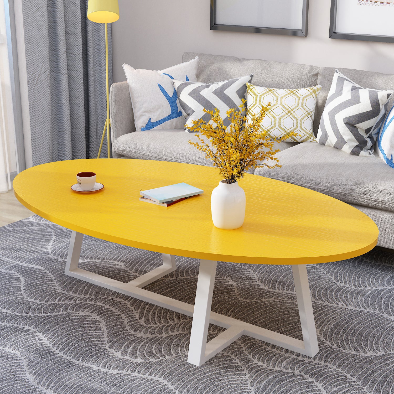 Metal Cross Legs Cocktail Table Wooden Oval Top Coffee Table