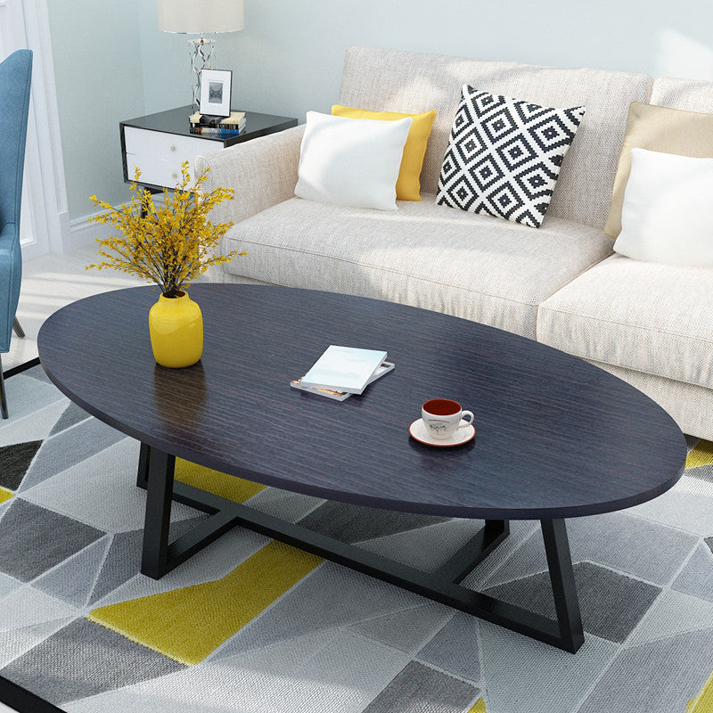 Metal Cross Legs Cocktail Table Wooden Oval Top Coffee Table