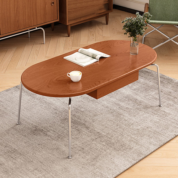 Steel 4 Legs Cocktail Table Oval Wood Top Coffee Table with Drawer