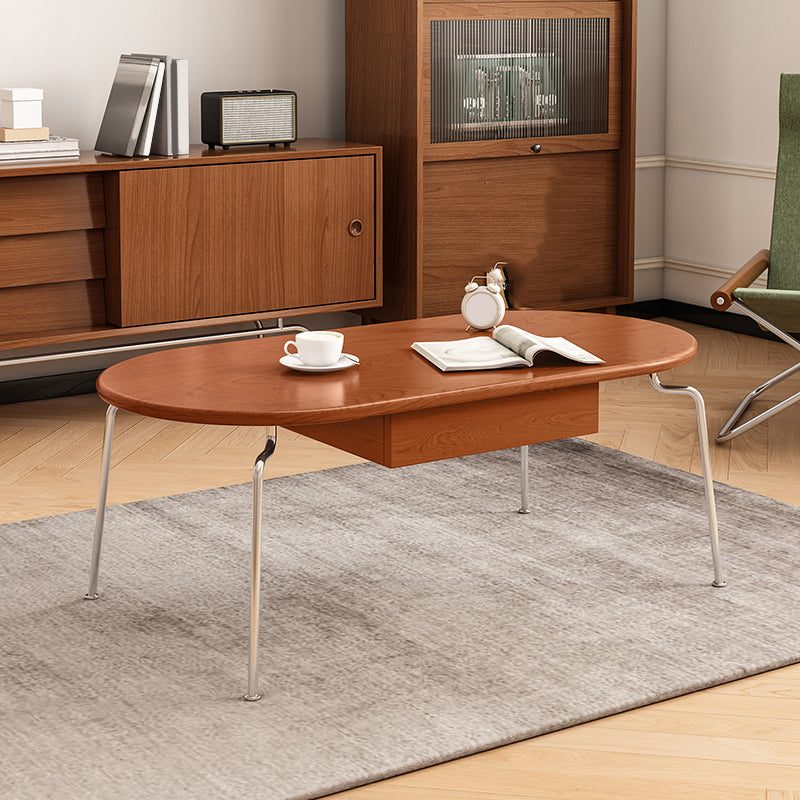 Steel 4 Legs Cocktail Table Oval Wood Top Coffee Table with Drawer