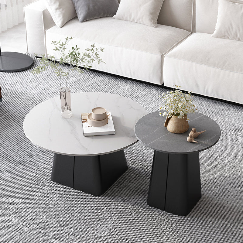 Modern Steel Pedestal Coffee Table Round Slate Top Table Set