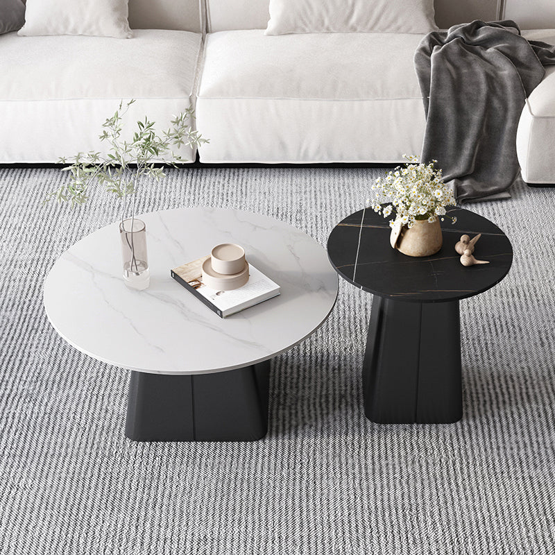 Modern Steel Pedestal Coffee Table Round Slate Top Table Set