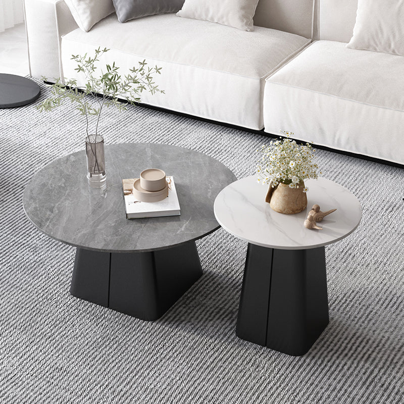 Modern Steel Pedestal Coffee Table Round Slate Top Table Set