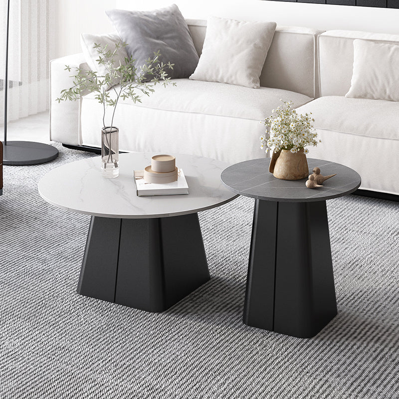 Modern Steel Pedestal Coffee Table Round Slate Top Table Set