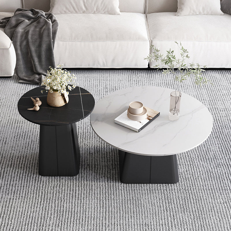 Modern Steel Pedestal Coffee Table Round Slate Top Table Set