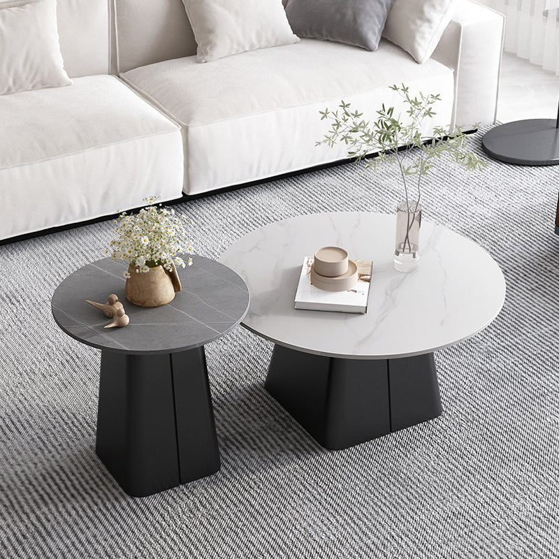Modern Steel Pedestal Coffee Table Round Slate Top Table Set