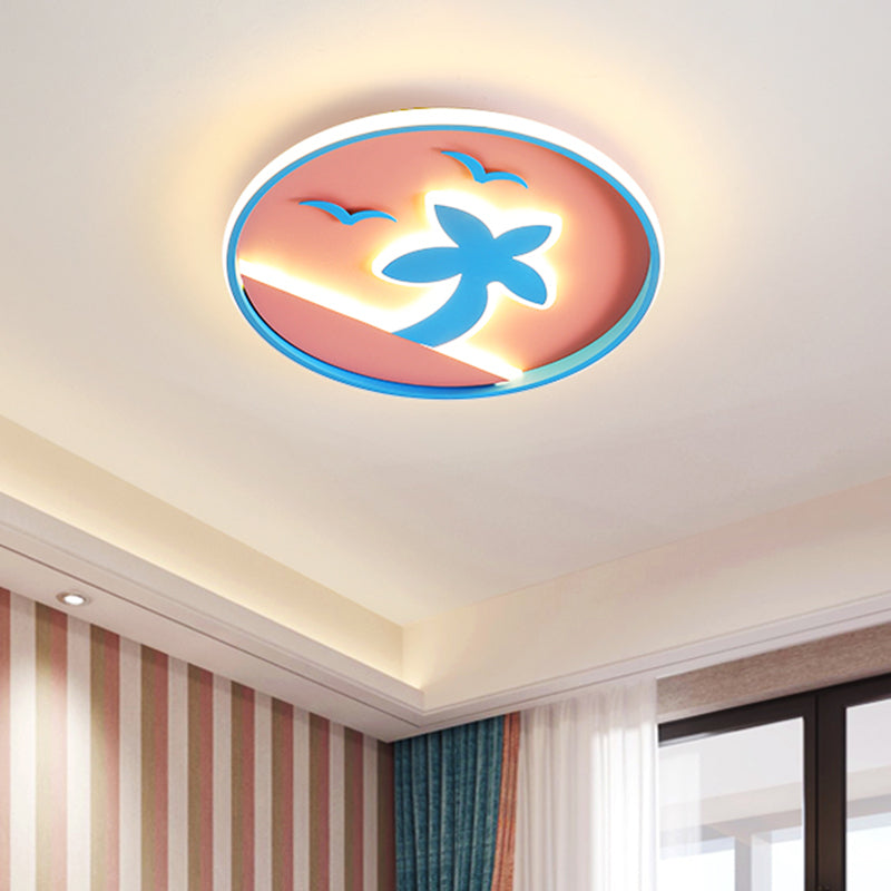 Kids LED Ceiling Flush Light Pink and Blue Tropical Beach Flush Mount Lamp with Circle Acrylic Shade