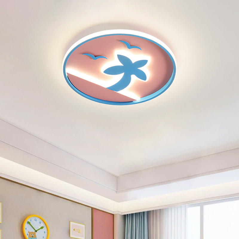 Kids LED Ceiling Flush Light Pink and Blue Tropical Beach Flush Mount Lamp with Circle Acrylic Shade