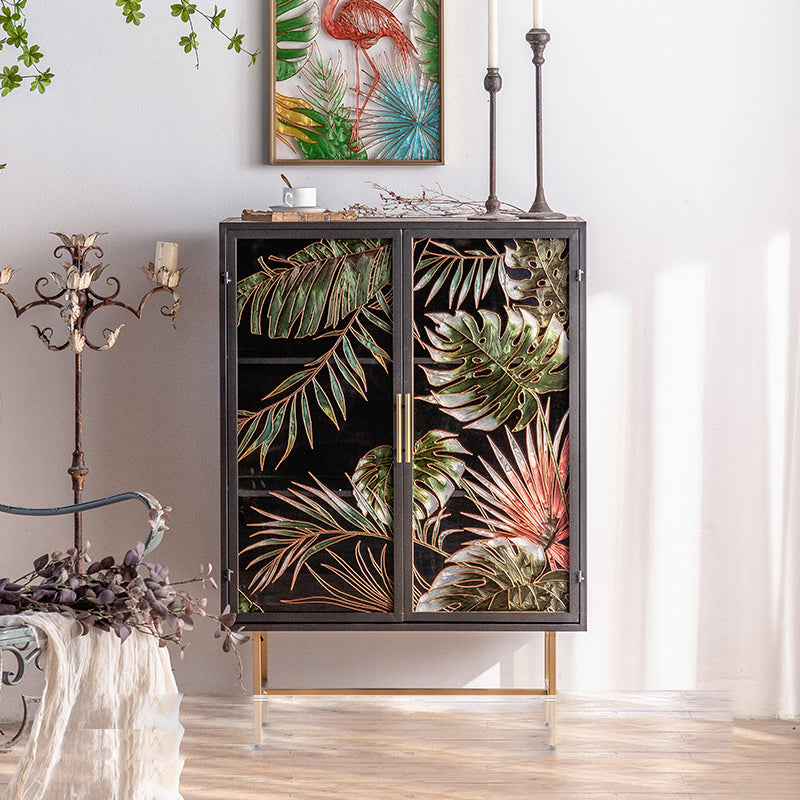 Glass Paned Industrial Cabinet Distressed Metal Accent Cabinet
