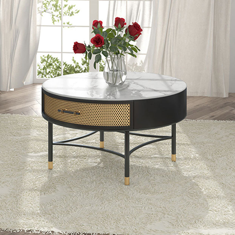 17"H Glam Cocktail Table Storage Round 4 Legs Stone Coffee Table