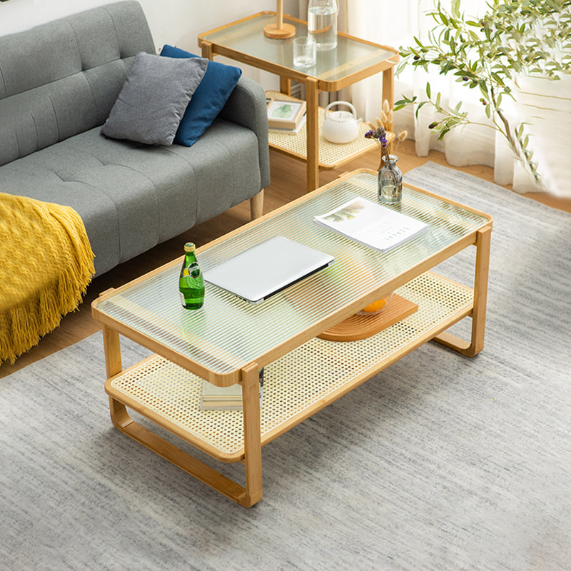 Minimalism Tropical Coffee Table Glass 4 Legs Storage Rectangular Coffee Cocktail Table