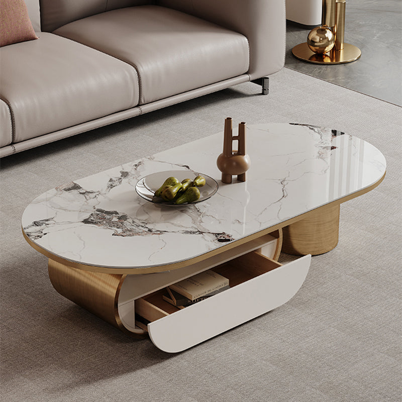16"H Glam Cocktail Table Storage Oval Stone Coffee Cocktail Table