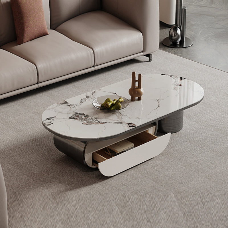 16"H Glam Cocktail Table Storage Oval Stone Coffee Cocktail Table