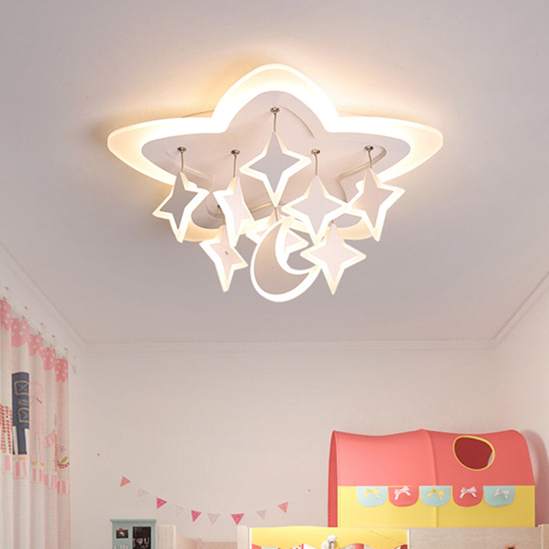 Starry Kids Room Ceiling Mount Light Acrylic Cartoon LED Flush Mounted Lamp in White with Draping, Warm/White Light