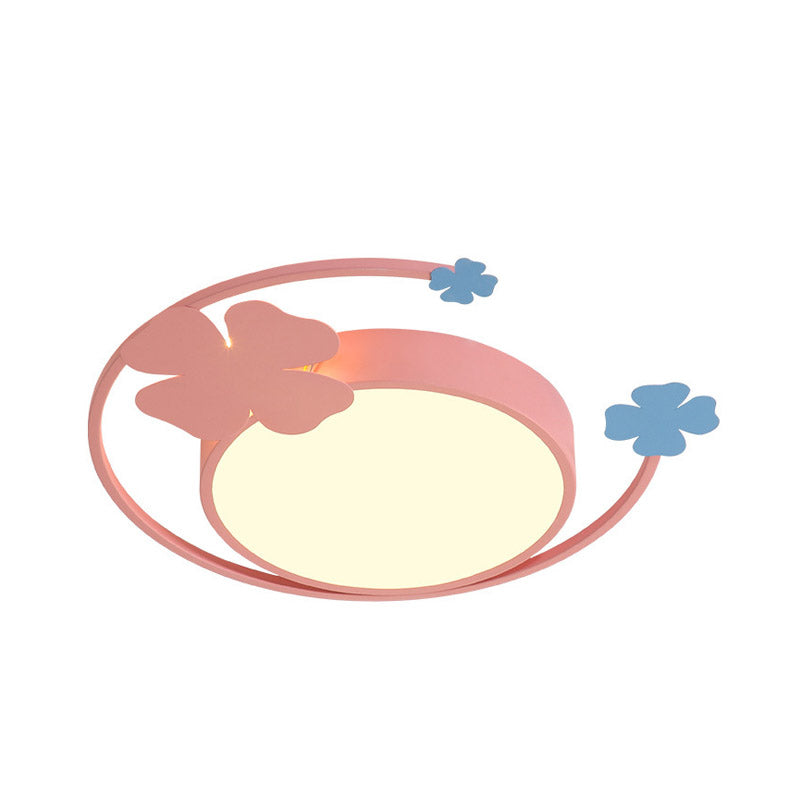 Cirkel Thin LED Flush Light Fixture Macaron Iron Pink Ceiling Mounted Verlichting in Warm/Wit Licht met Clover Detail