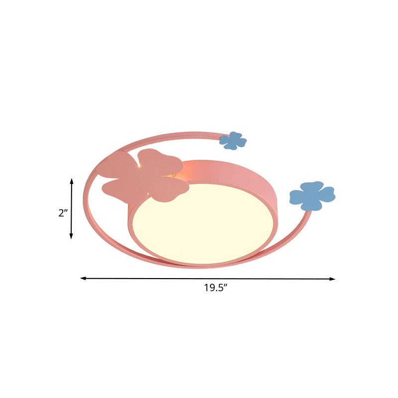 Cirkel Thin LED Flush Light Fixture Macaron Iron Pink Ceiling Mounted Verlichting in Warm/Wit Licht met Clover Detail