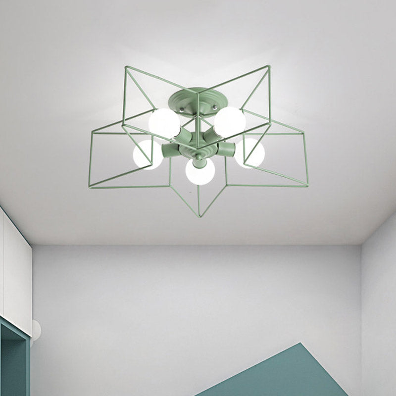 Pentacle Frame Iron Flush Mount Light Kids 5-Bulb Pink/Grey/Blue Semi Flush Ceiling Light for Baby Room