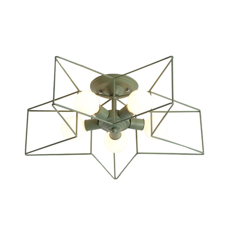 Pentacle Frame Iron Flush Mount Light Kids 5-Bulb Pink/Grey/Blue Semi Flush Ceiling Light for Baby Room