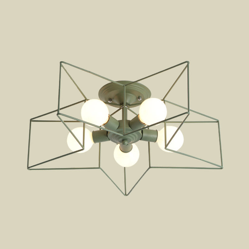Pentacle Frame Iron Flush Mount Light Kids 5-Bulb Pink/Grey/Blue Semi Flush Ceiling Light for Baby Room