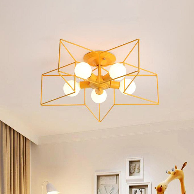 Pentacle Frame Iron Flush Mount Light Kids 5-Bulb Pink/Grey/Blue Semi Flush Ceiling Light for Baby Room