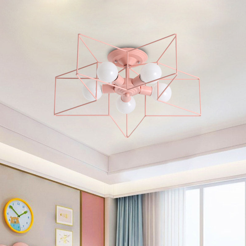 Pentacle Frame Iron Flush Mount Light Kids 5-Bulb Pink/Grey/Blue Semi Flush Ceiling Light for Baby Room
