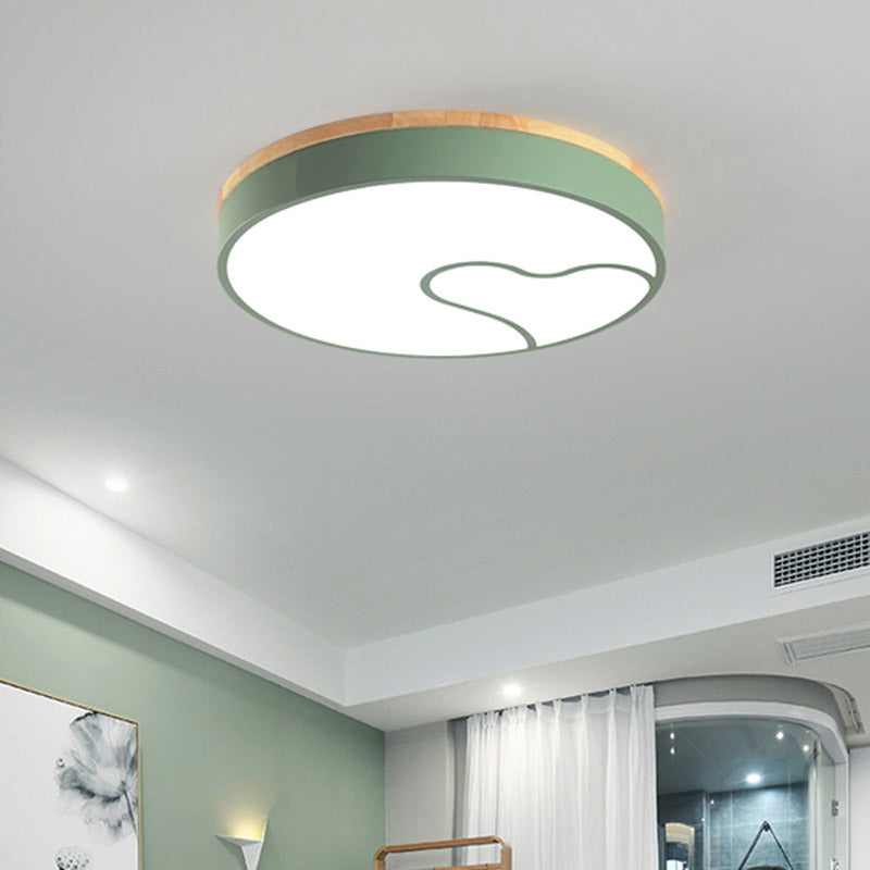 Macaron Rounded Iron Ceiling Flush LED Flush Mount Lighting with Wave Pattern in Green/White/Grey and Wood