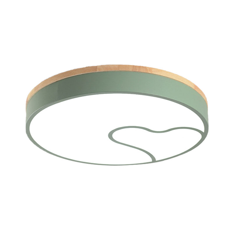 Macaron Rounded Iron Ceiling Flush LED Flush Mount Lighting with Wave Pattern in Green/White/Grey and Wood