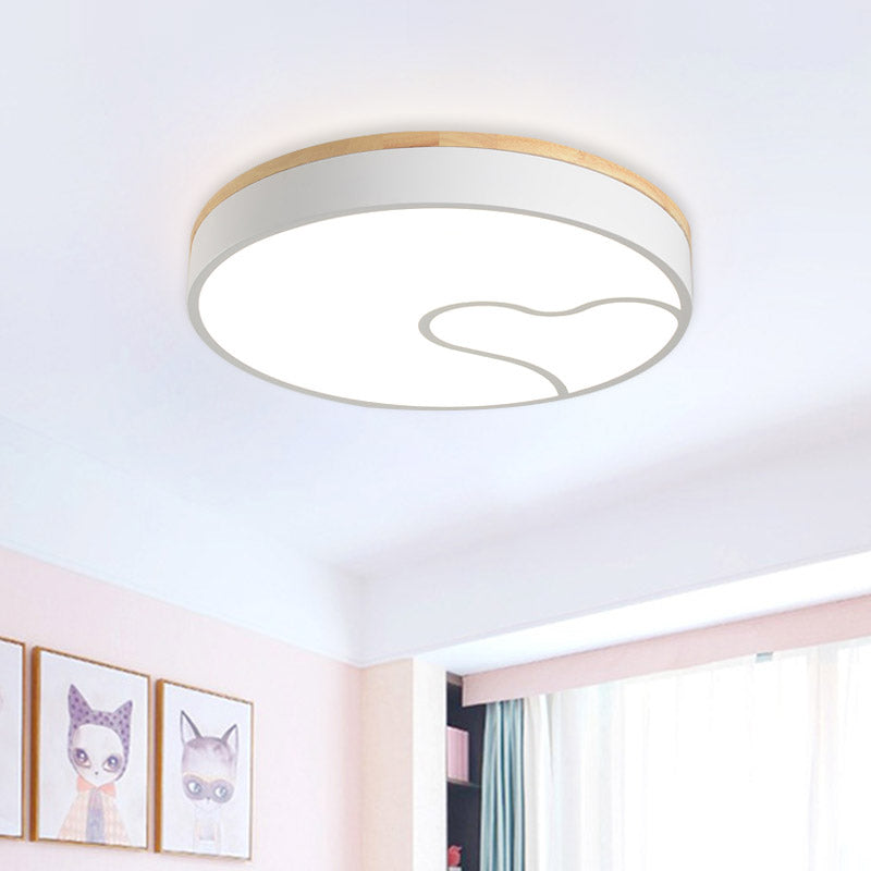 Macaron Rounded Iron Ceiling Flush LED Flush Mount Lighting with Wave Pattern in Green/White/Grey and Wood
