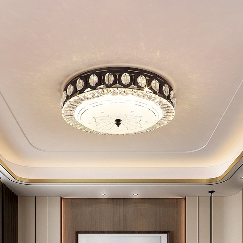 Black Drum Flush Mount Lighting Modernist Metal LED Bedroom Flush Lamp with Crystal Accent