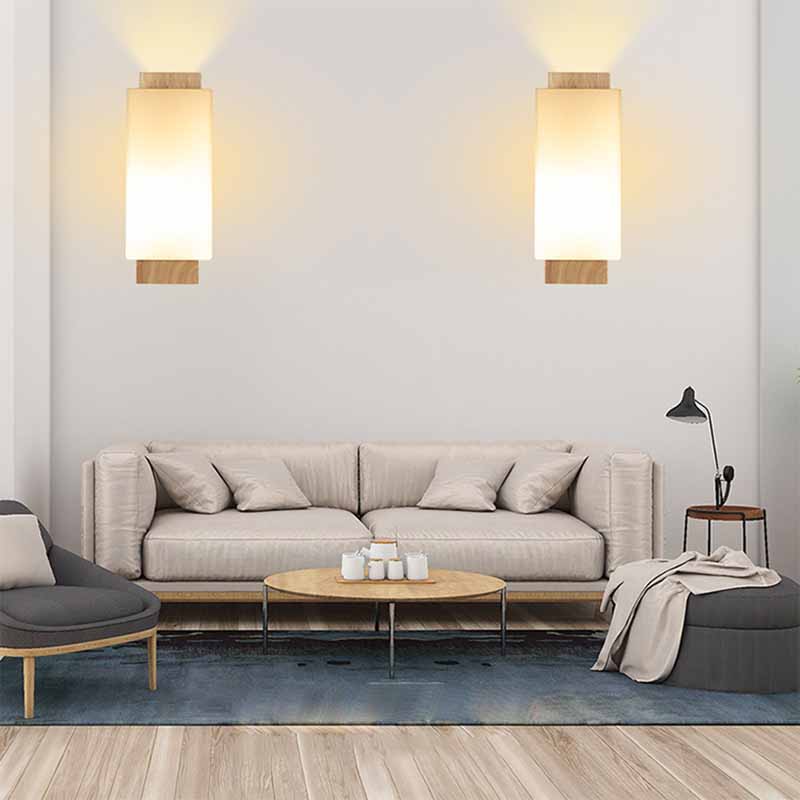 Modern Wood Wall Sconce Rectangle Shape Vanity Lamp with Glass Shade for Bathroom