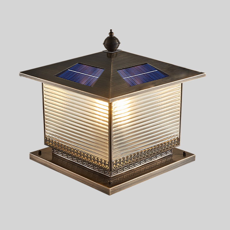 Contemporary Pillar Lighting Fixture Minimalist LED Solar Lamp with Glass Shade for Garden