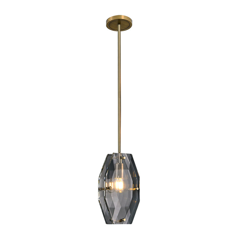 Simple Double Panel Pendant Lighting 1-Bulb Faceted Crystal Ceiling Hang Fixture in Brass