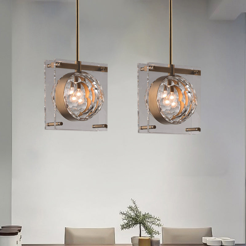 Modernisme mondial en cristal biseauté 1 chambre légère suspendue au plafond suspendu avec panneau de 2 carrés en laiton