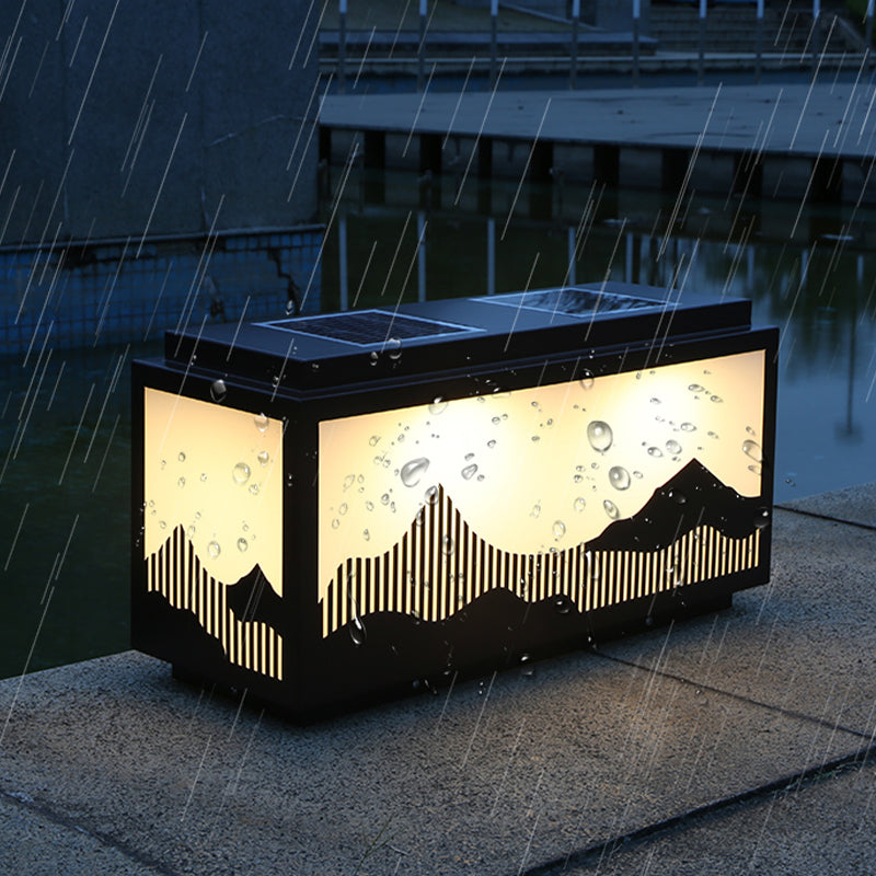 Rectangle Shape Metal Outdoor Light Modern Style 1 Light Solar Pillar Lights in Black