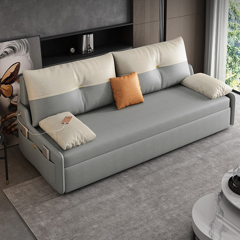 Galm Style Futon Sofa Bed in Grey Bonded Leather with Storage