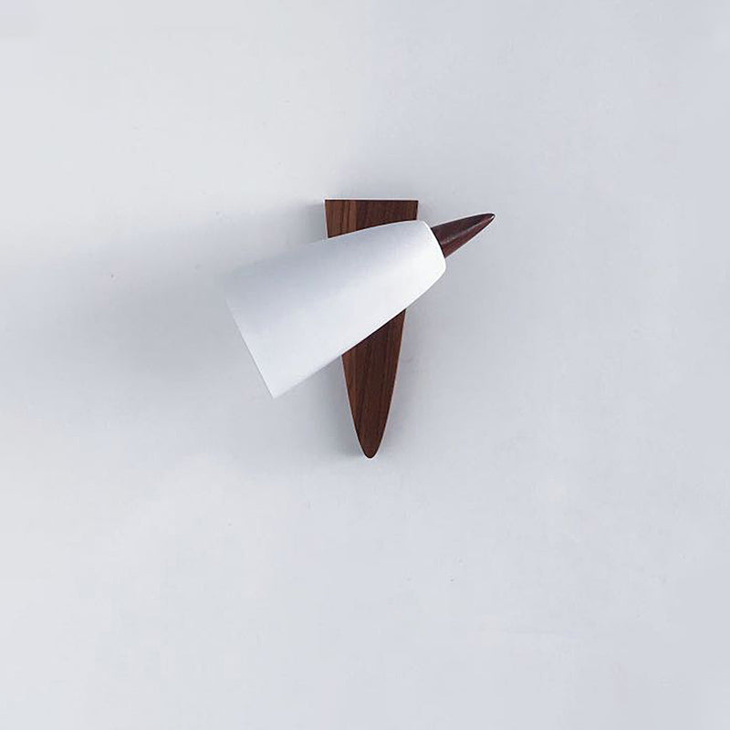 Cone Metal Wall Mount Light Modern 1-Bulb White Sconce Lamp Fixture with Triangle Wood Backplate