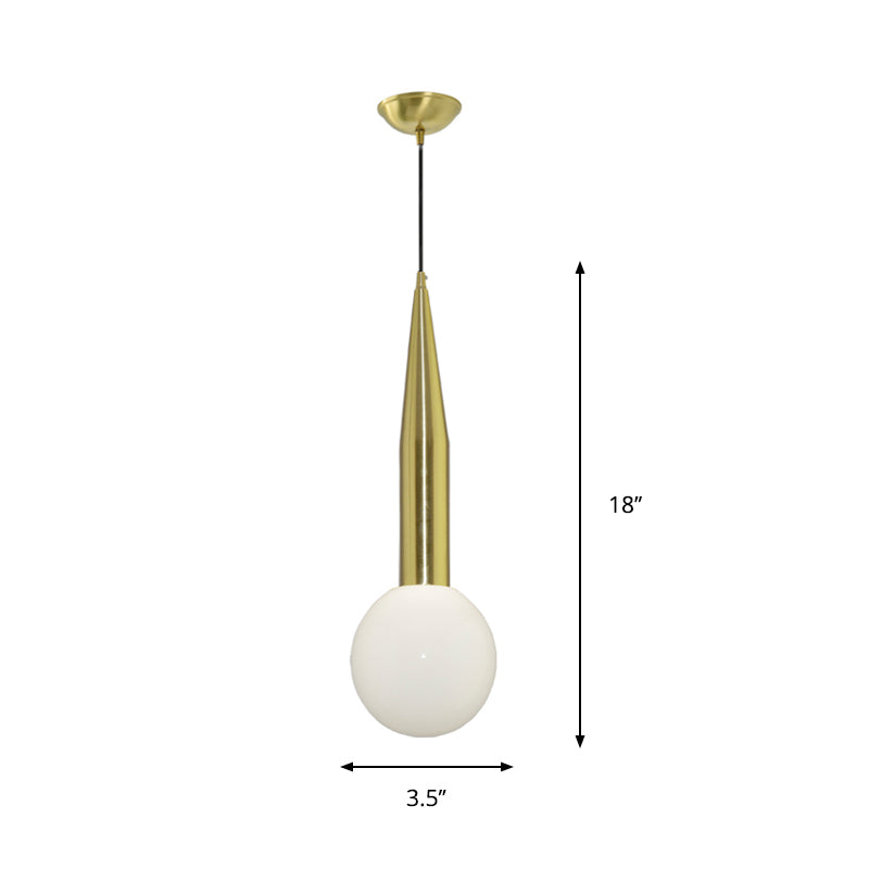 Tapering Bedside Pendant Light Kit Metallic Single Postmodern Style Hanging Lamp in Gold with Ball Milk Glass Shade