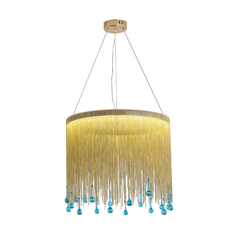 Modern Stylish Fringe Skirt Pendant Lamp Aluminum Bedroom 16"/19.5" W LED Hanging Light Fixture in Gold with Blue Glass Drop