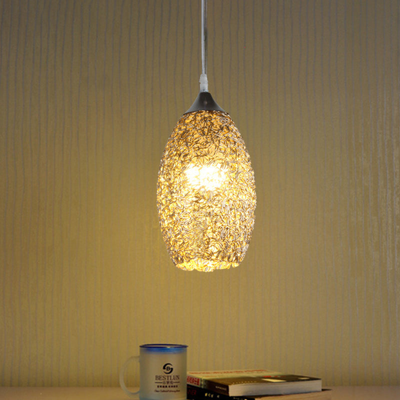 Chrome Elliptical Pendulum Light Modern 1 Head Aluminum Ceiling Suspension Lamp with Hollowed Out Design