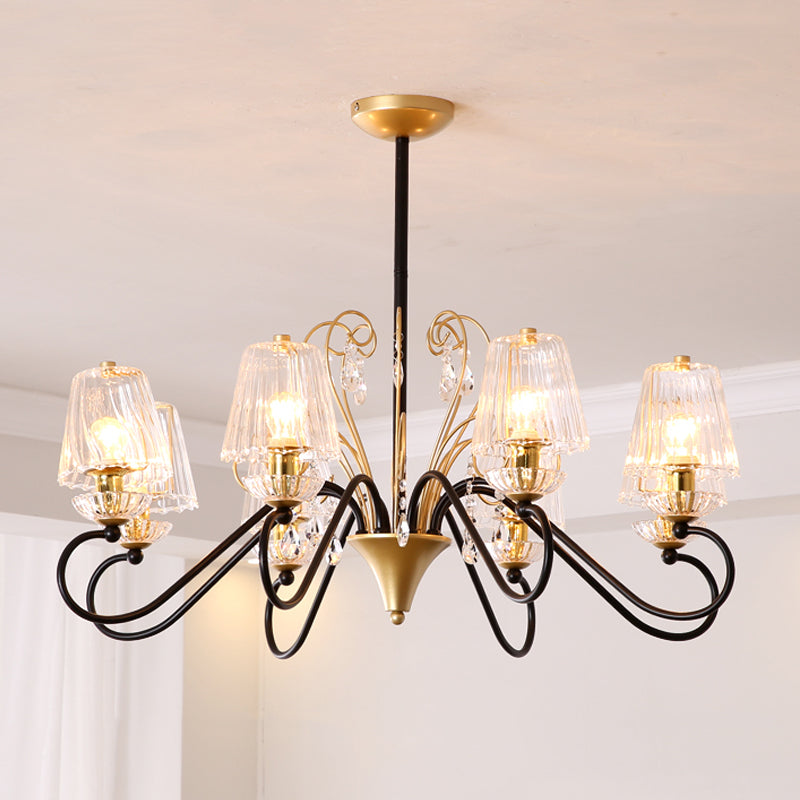 6/8-Licht-Anhänger Kronleuchter zeitgenössischer Kegelschattenrippenkristall-Federlampe mit Wirbelarm in Schwarzgold/Gold