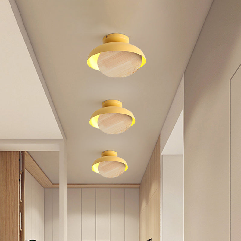 Macaron Shallow Bowl Iron Flush Mount LED Close to Ceiling Light with Mobile Wood Shield in Yellow/Pink/Green for Foyer
