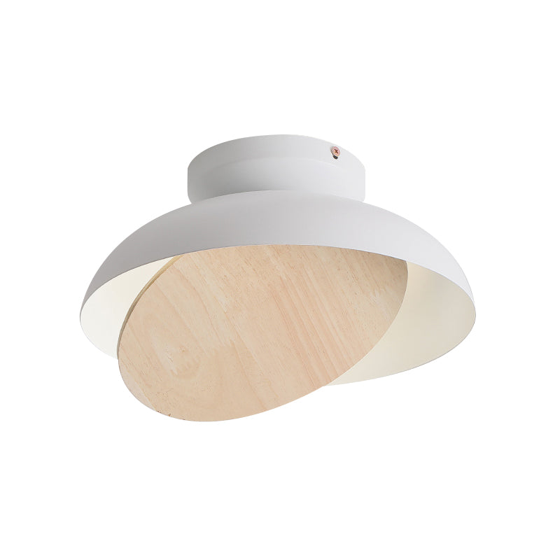 Macaron Shallow Bowl Iron Flush Mount LED Close to Ceiling Light with Mobile Wood Shield in Yellow/Pink/Green for Foyer