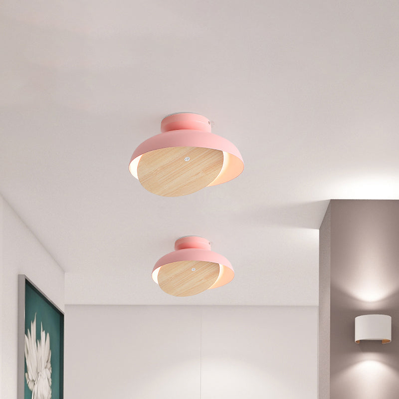 Macaron Shallow Bowl Iron Flush Mount LED Close to Ceiling Light with Mobile Wood Shield in Yellow/Pink/Green for Foyer
