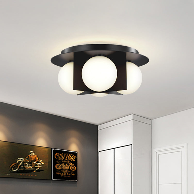 3-Light Bedroom Ceiling Lamp Postmodern Black/Gold/Chrome Flush Mounted Light with Globe Milky Glass Shade