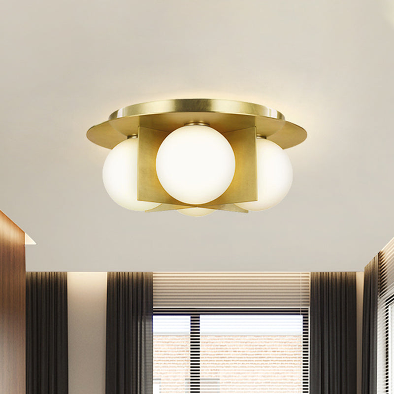 3-Light Bedroom Ceiling Lamp Postmodern Black/Gold/Chrome Flush Mounted Light with Globe Milky Glass Shade